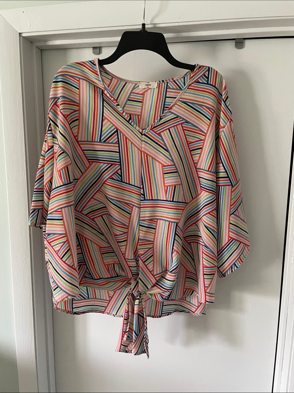 entro Multi-Color Rainbow Striped V-Neck Tie-Hem Blouse